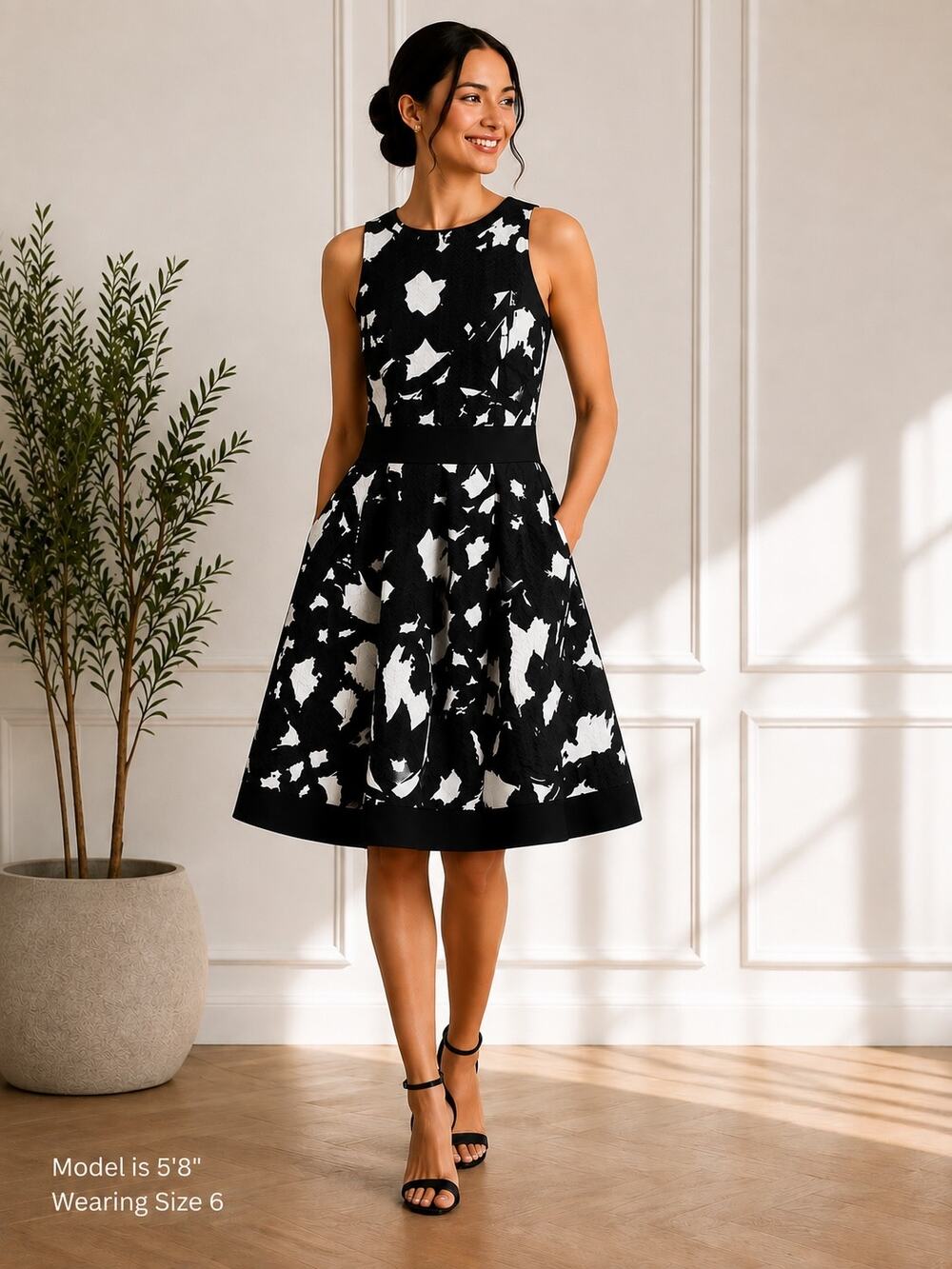 Banana Republic Textured Floral Fit Flare Dress Black White 6